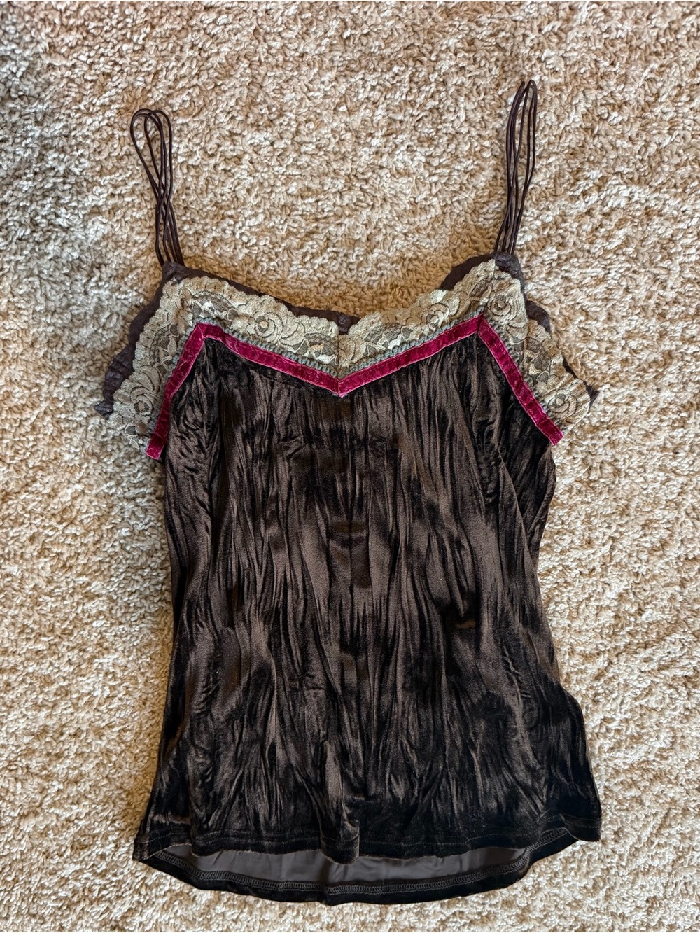 Vintage brown Lace-Trimmed Camisole with Pink Velvet Detail
